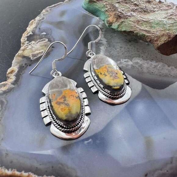 Sterling Silver Southwestern Style Oval Eclipse Jasper Decorated Dangle Earrings - Picture 4 of 10